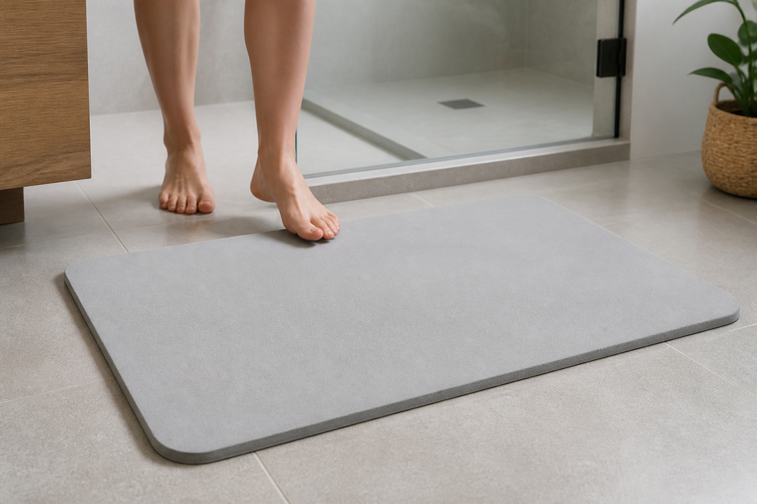 Alfombra rígida de diatomita gris frente a la ducha en un baño moderno