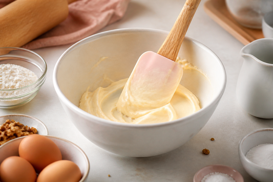 Espátula de silicona para repostería raspando una mezcla cremosa en un bowl