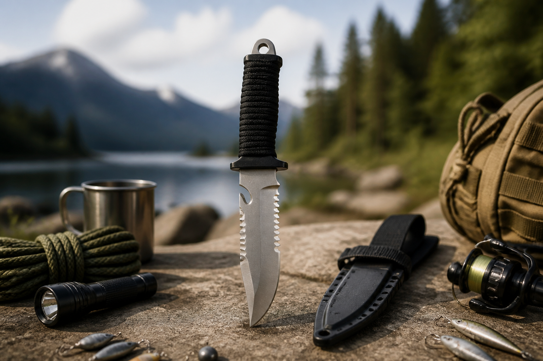 Cuchillo de camping y supervivencia con funda sobre mesa outdoor en un campamento chileno