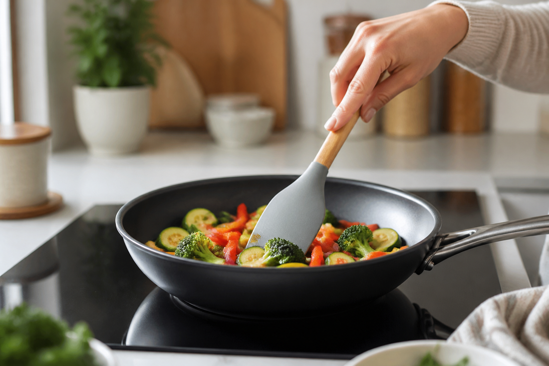Espátula de silicona salteando verduras en un sartén antiadherente sin rayarlo
