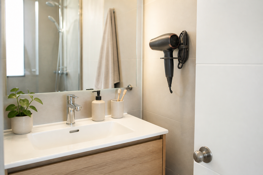 Porta secador de pelo instalado al costado del vanitorio en un baño pequeño y ordenado
