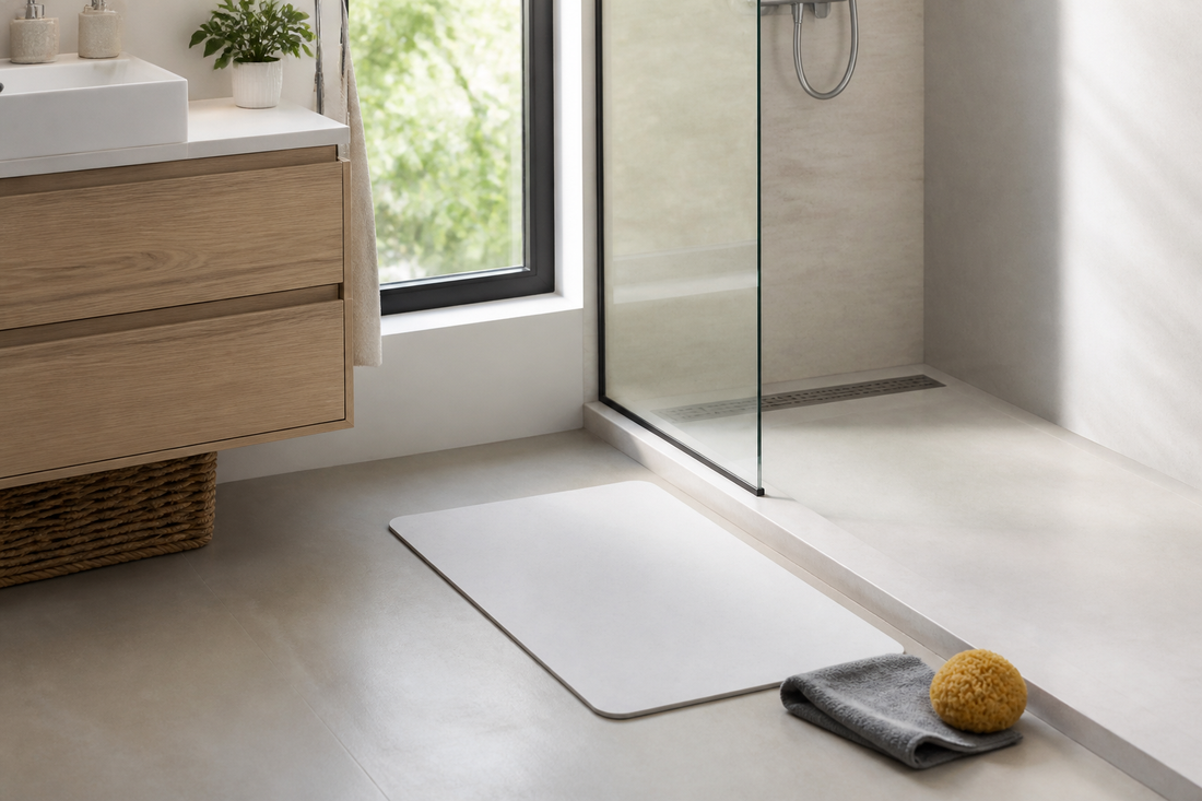 Alfombra de diatomita para baño junto a implementos de limpieza suave