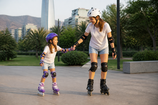Persona adulta y niño usando patines en línea con protecciones en un parque urbano