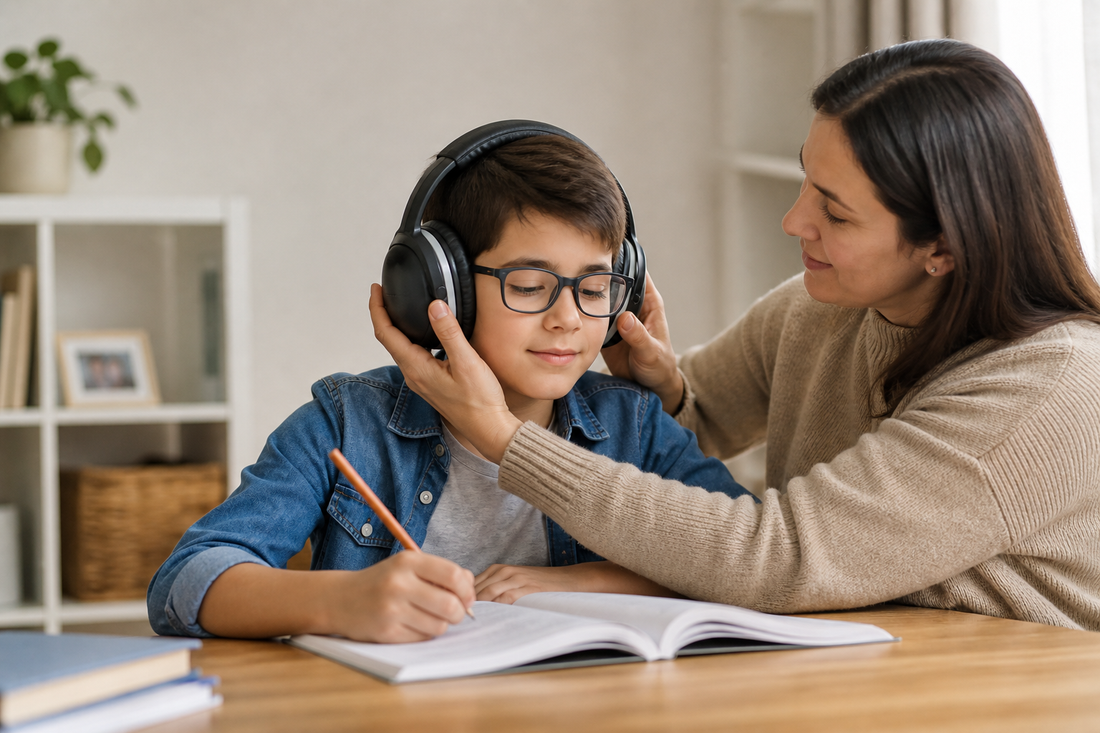 Niño usa protectores auditivos antiruido mientras un adulto supervisa su ajuste en casa