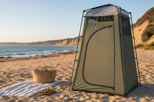 Vestidor portátil firme armado en la arena de una playa chilena