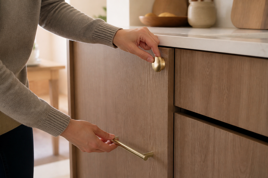 Comparación entre perilla y tirador instalados en muebles de cocina