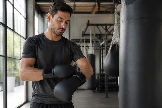 Persona ajustando sus guantes de boxeo antes de entrenar con saco
