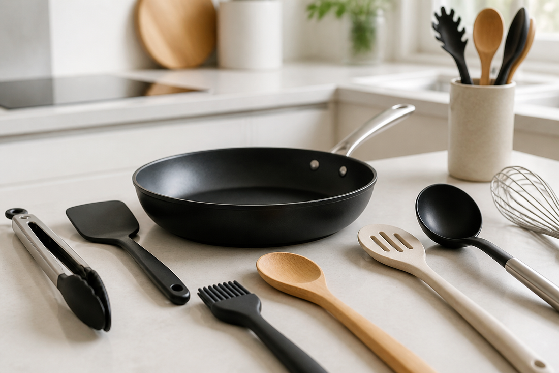 Comparación de utensilios de silicona, madera, nylon y acero inoxidable junto a una sartén antiadherente