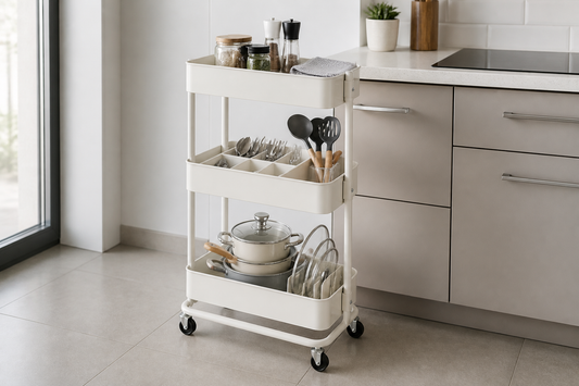 Carrito organizador de 3 niveles con ollas, tapas y cubiertos en cocina pequeña