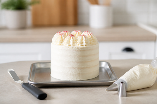 Torta casera decorada con utensilios básicos de repostería