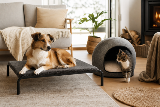 Perro y gato descansando en camas para mascotas dentro de una casa en Chile