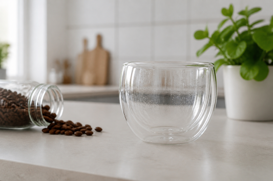 Taza doble pared con humedad atrapada entre las capas de vidrio