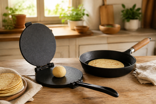 Tortillera de hierro fundido junto a un sartén y tortillas de maíz caseras