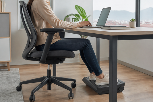 Persona trabajando cómodamente con un apoya pies bajo el escritorio