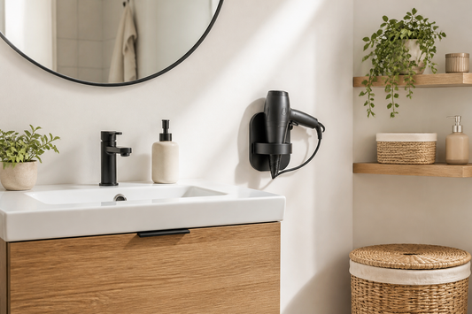 Soporte para secador de pelo instalado junto al vanitorio en un baño ordenado
