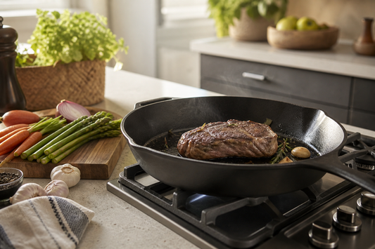 Sartén de fierro fundido precalentada con carne dorándose en una cocina de casa