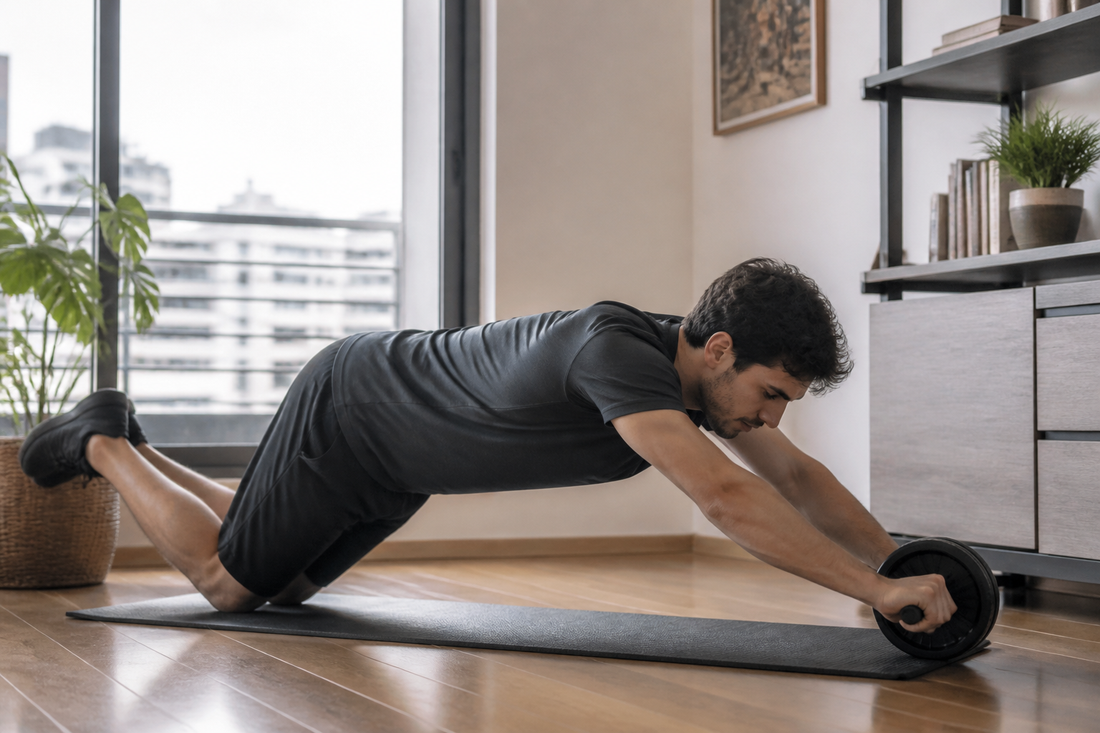 Principiante usando una rueda abdominal desde las rodillas con la espalda neutra