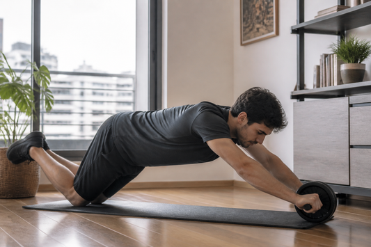 Principiante usando una rueda abdominal desde las rodillas con la espalda neutra