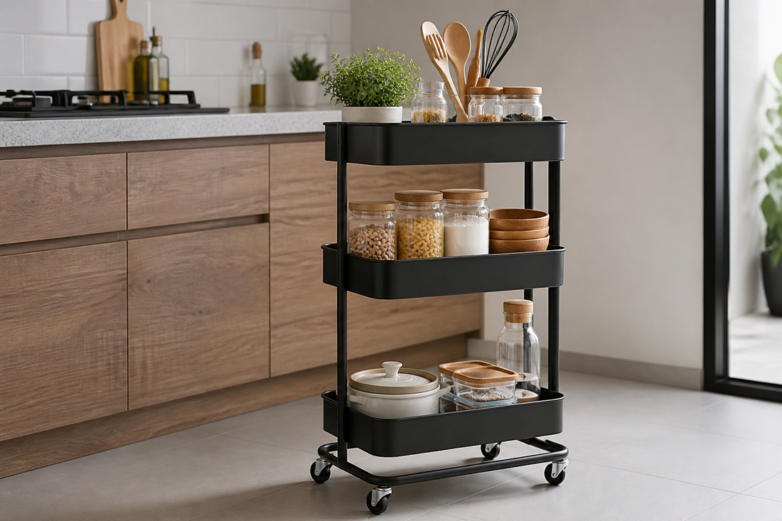 Carrito organizador de tres niveles con ruedas en una cocina