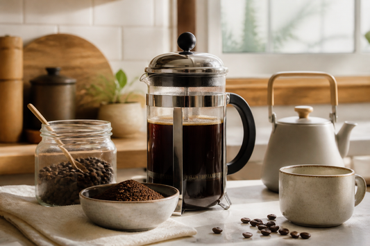 Prensa francesa junto a café de molienda gruesa listo para preparar