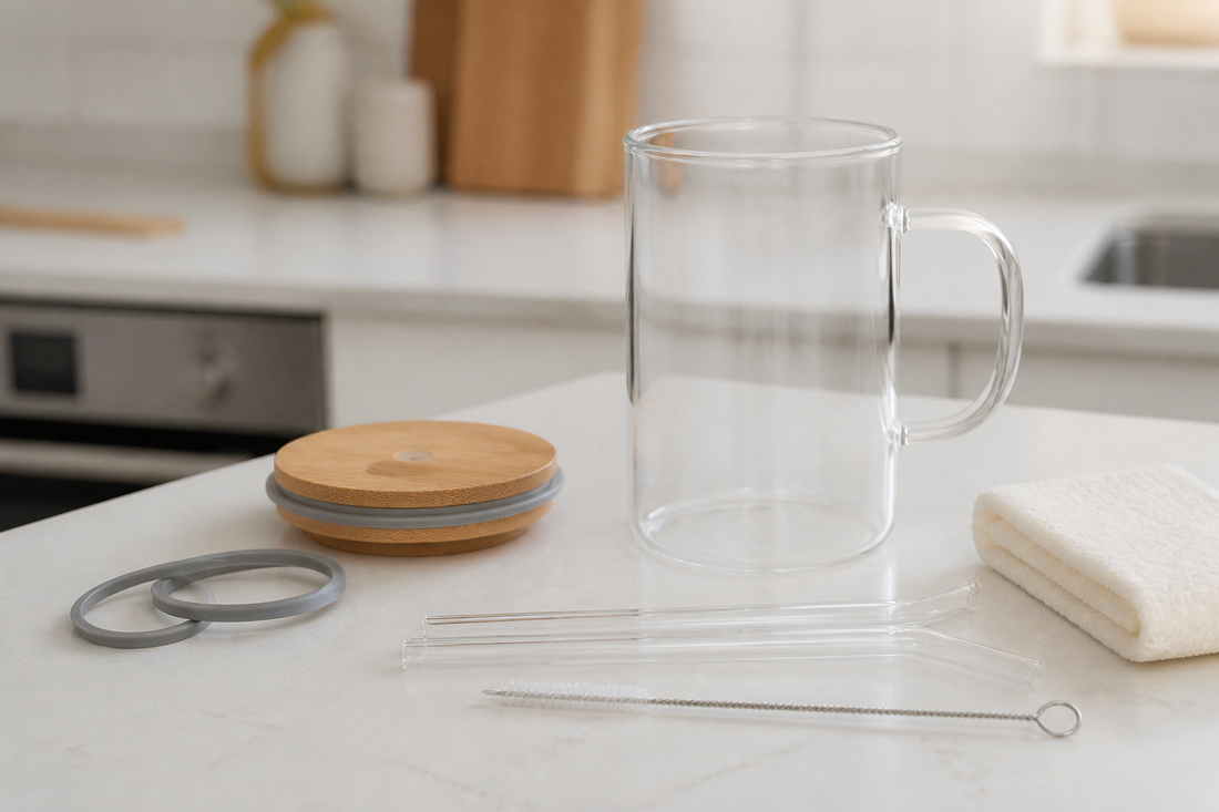 Taza de borosilicato, mug con tapa y bombillas preparados para su limpieza