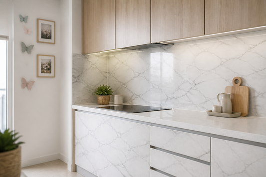Cocina renovada con vinilo adhesivo tipo mármol y detalles decorativos de pared