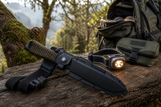Cuchillo de camping enfundado con correa segura junto a mochila, linterna frontal y botiquín en un bosque andino.