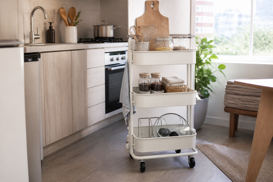 Carrito organizador con ruedas usado para ordenar utensilios y alimentos en una cocina pequeña