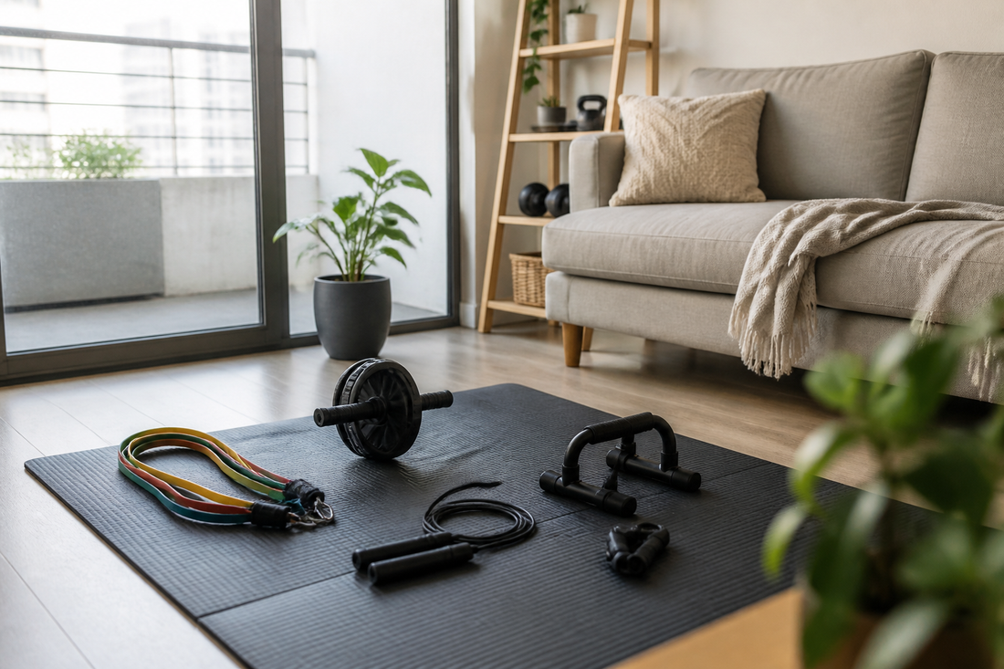 Kit de entrenamiento funcional para casa con bandas, cuerda, rueda abdominal y accesorios en un espacio pequeño