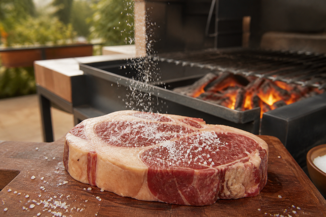 Corte de carne sazonado con sal antes de cocinarlo a la parrilla