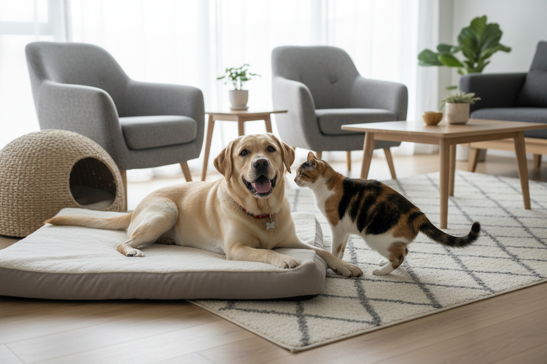 Perro y gato junto a camas adaptadas a sus formas de descanso