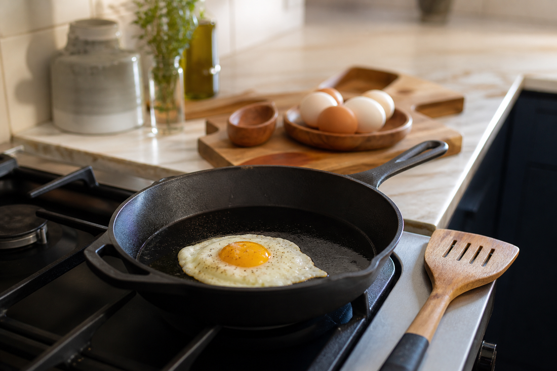 Sartén de hierro fundido con huevo cocinándose para explicar por qué se pega la comida