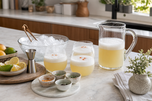 Estación de pisco sour en casa con vasos, copas, jarra, hielo y pocillos organizados