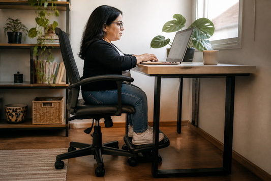 Persona de baja estatura con silla y apoya pies de escritorio correctamente coordinados