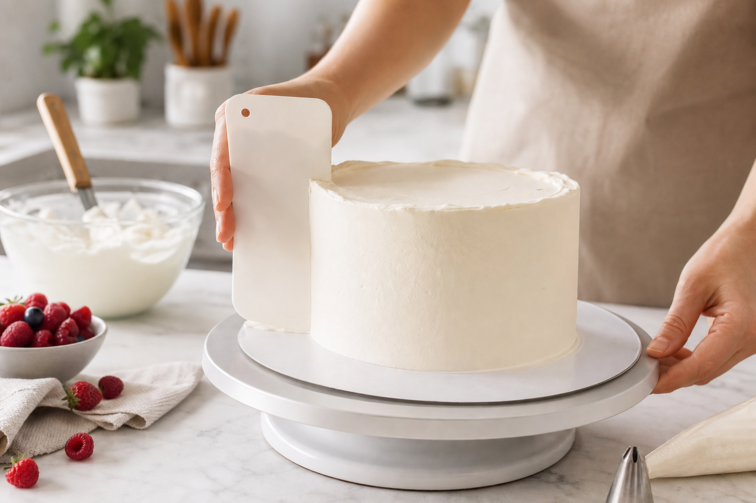 Torta sobre base giratoria siendo alisada con rasqueta de repostería