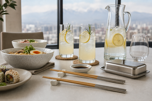 Palillos chinos reutilizables junto a bowls, pocillos, vasos y coctelería casera en mesa chilena