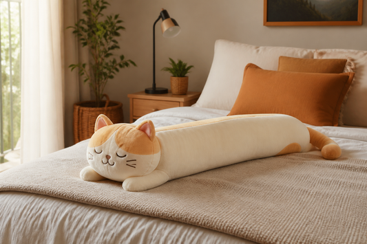 Gato largo peluche tipo almohada sobre una cama acogedora