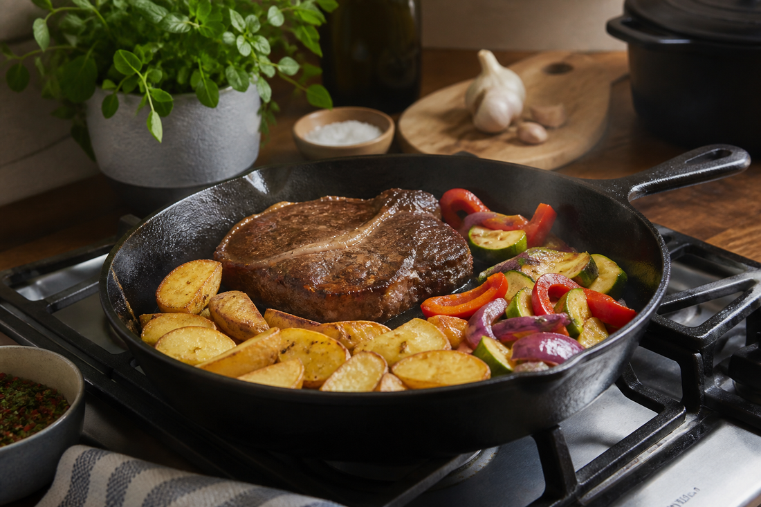 Sartén de hierro fundido con carne sellada, papas doradas y verduras en cocina chilena