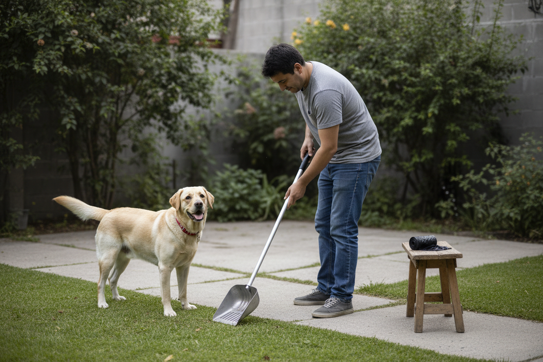 Tutor recoge responsablemente con una pala junto a su perro, con bolsas para paseo sobre un banco