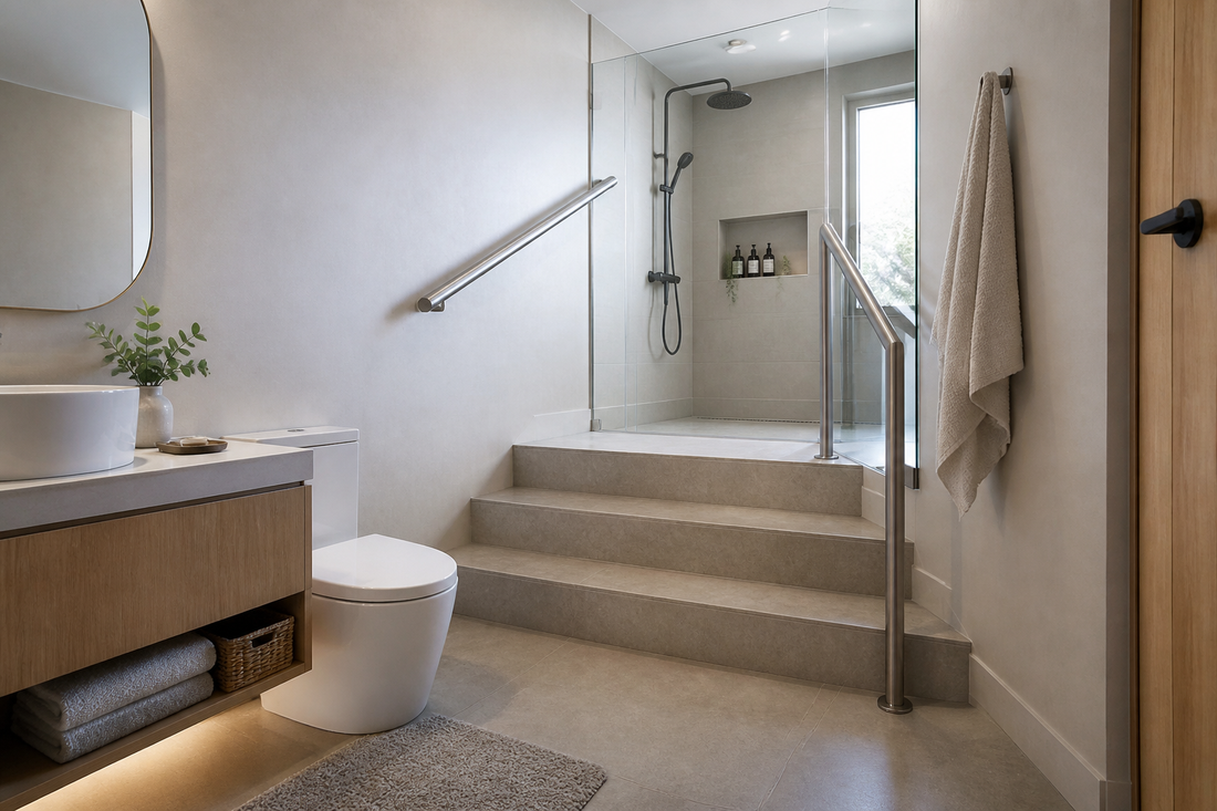 Baño con escalera corta, pasamanos seguro y barrera de agua en la ducha