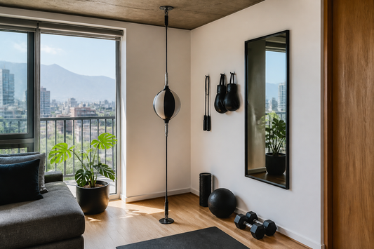 Pera de boxeo con elásticos instalada en casa entre techo y piso
