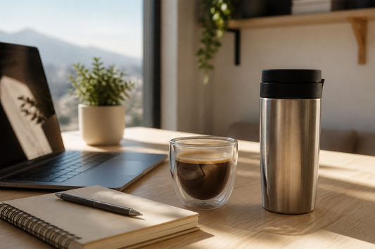 Taza doble pared y mug térmico con café sobre un escritorio