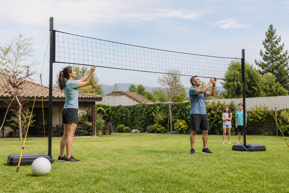 Familia instala una red portátil de vóleibol tensa y segura en un patio