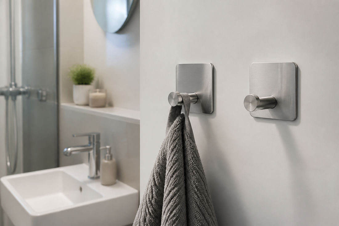 Ganchos adhesivos metálicos instalados en un baño pequeño y ordenado