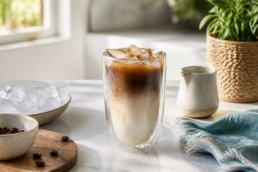 Café helado con leche y cubos grandes en vaso de vidrio doble pared