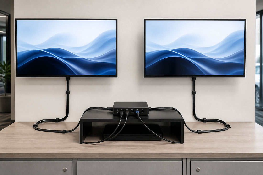 Splitter HDMI conectado a dos pantallas en una instalación técnica ordenada