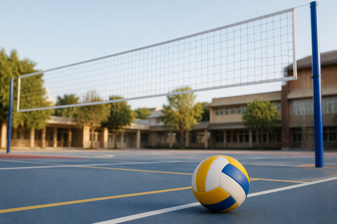 Malla de voleibol tensa en multicancha escolar con pelota al frente