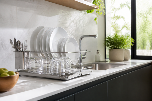 Secaplatos de acero inoxidable ordenado junto al lavaplatos en una cocina moderna