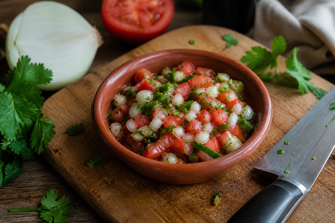 Pebre chileno con tomate, cebolla, cilantro y ají cortados de manera pareja