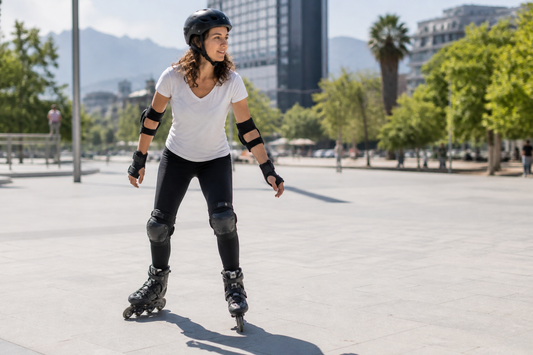 Persona principiante practicando patines en línea con protecciones en una plaza